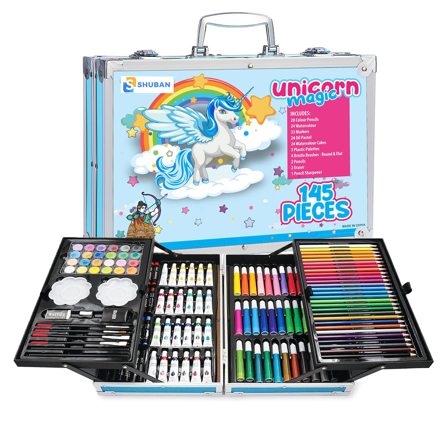Shuban Deluxe Art Set Box & Drawing Kit with Crayons, Oil Pastels, Colored Pencil Deluxe Gift Art (145Pcs Unicorn-Blue)