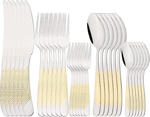 Snplowum Juego de cubiertos Royal de 20 piezas, servicio para 4 utensilios de cocina del hogar, cubiertos de espejo incluyen cuchillo, tenedor,