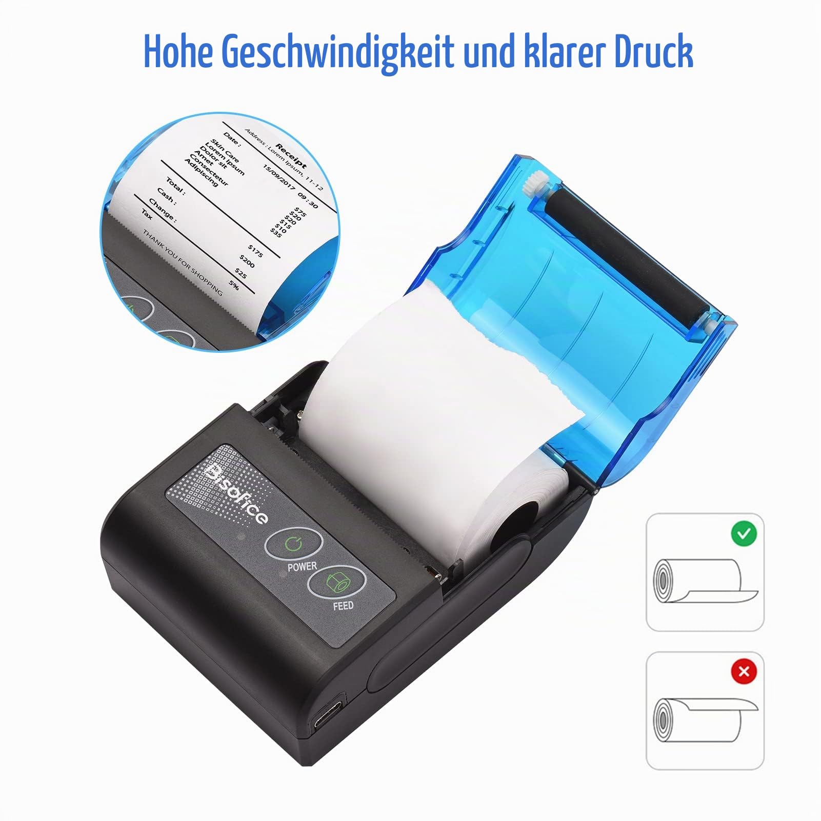 XGR-POS581 Mini-Thermodrucker, tragbar, kabellos, USB, 58 mm, kompatibel mit iOS, Android, Windows