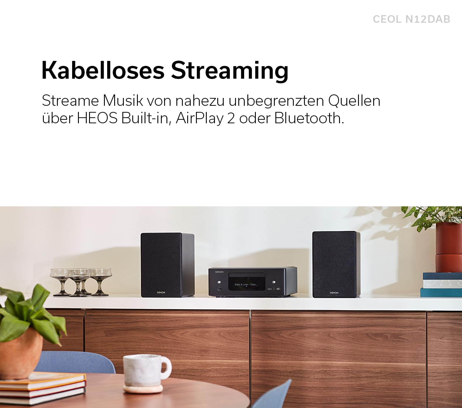 Denon CEOL N-12DAB HiFi-Komplettsystem mit Lautsprechern, CD-Player, Musikstreaming, HEOS Multiroom, Bluetooth, WLAN, AirPlay 2, DAB+ Radio, 2 Optische TV-Eingänge - Schwarz