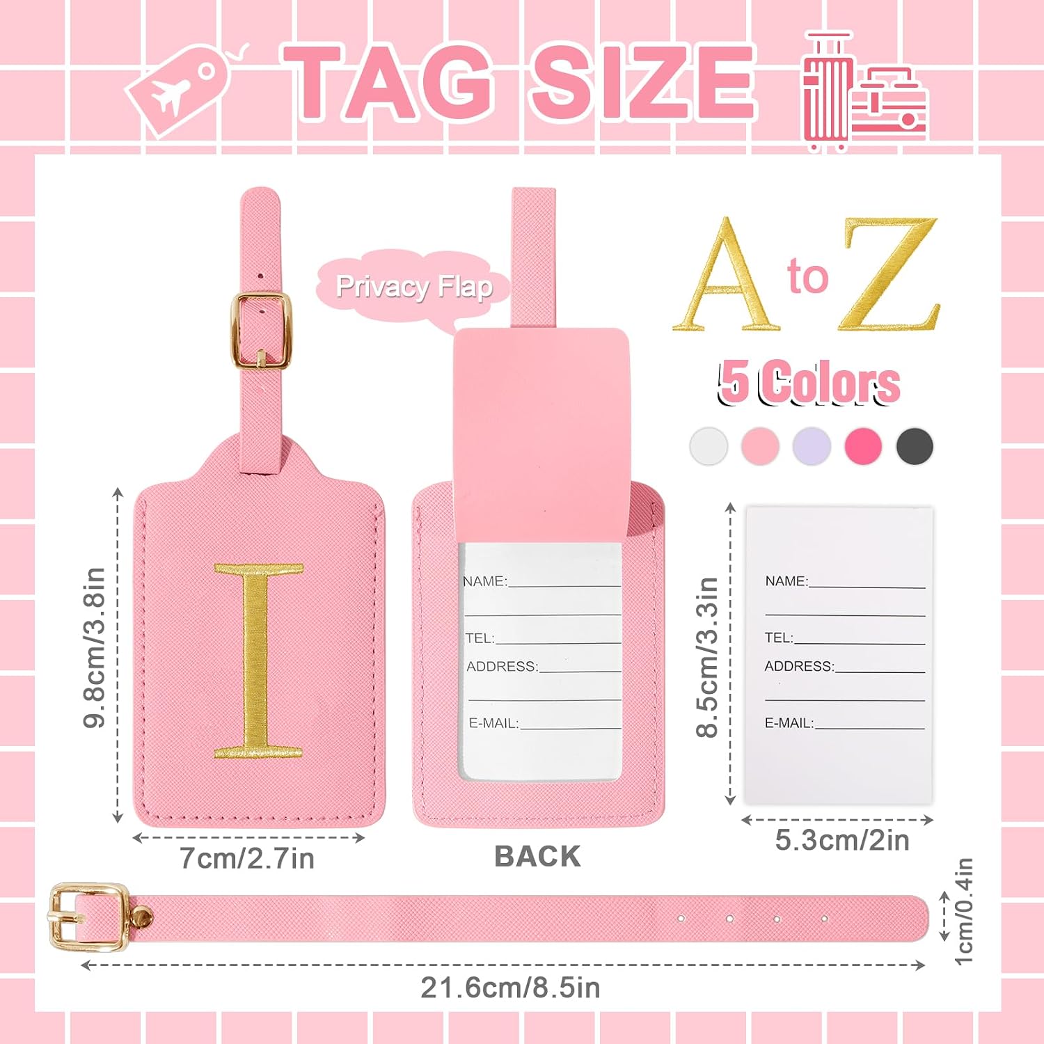 Personalized Initial Luggage Tags for Suitcase, Pink Leather Cute Luggage Tags with Privacy Cover Name Card, Embroidered Custom Monogrammed Luggage Tag Travel Bag Baggage Tags Gifts for Women Kids(I) image 2