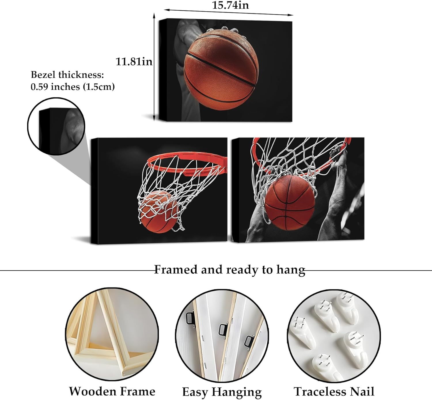 3 Panel Red Basketball Canvas Wall Art, Basketball Hoop and Nets with Black Background Pictures Prints Wall Decor, 12"x16" Basketball Sport Theme Poster Printing Artwork for Home Bedroom Office