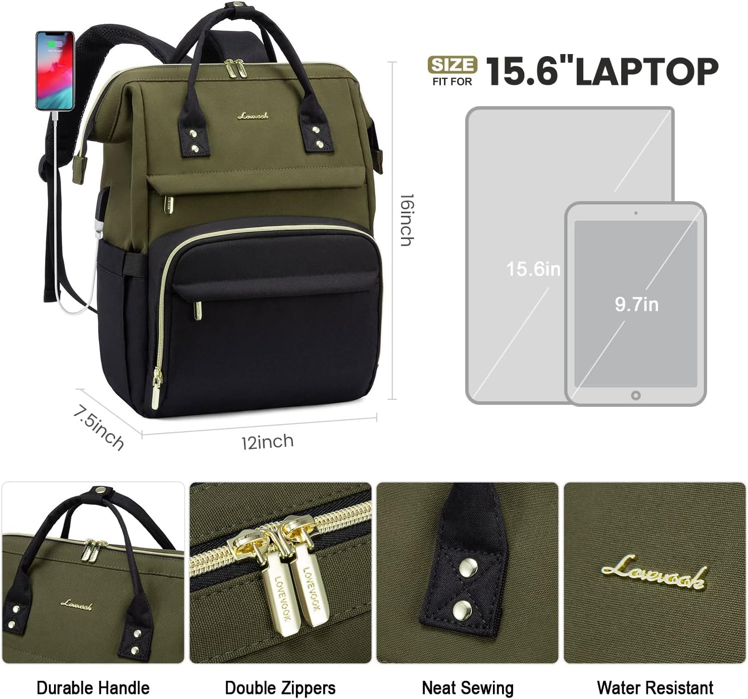 LOVEVOOK Laptop Backpack for Women, Fashion Computer Backpacks Purse, School Student Bookbag for Girl, Business Travel Bags, Doctor Nurse Backpack for Work, Fits 15.6-Inch Laptop, Army Green-Black - Image 6