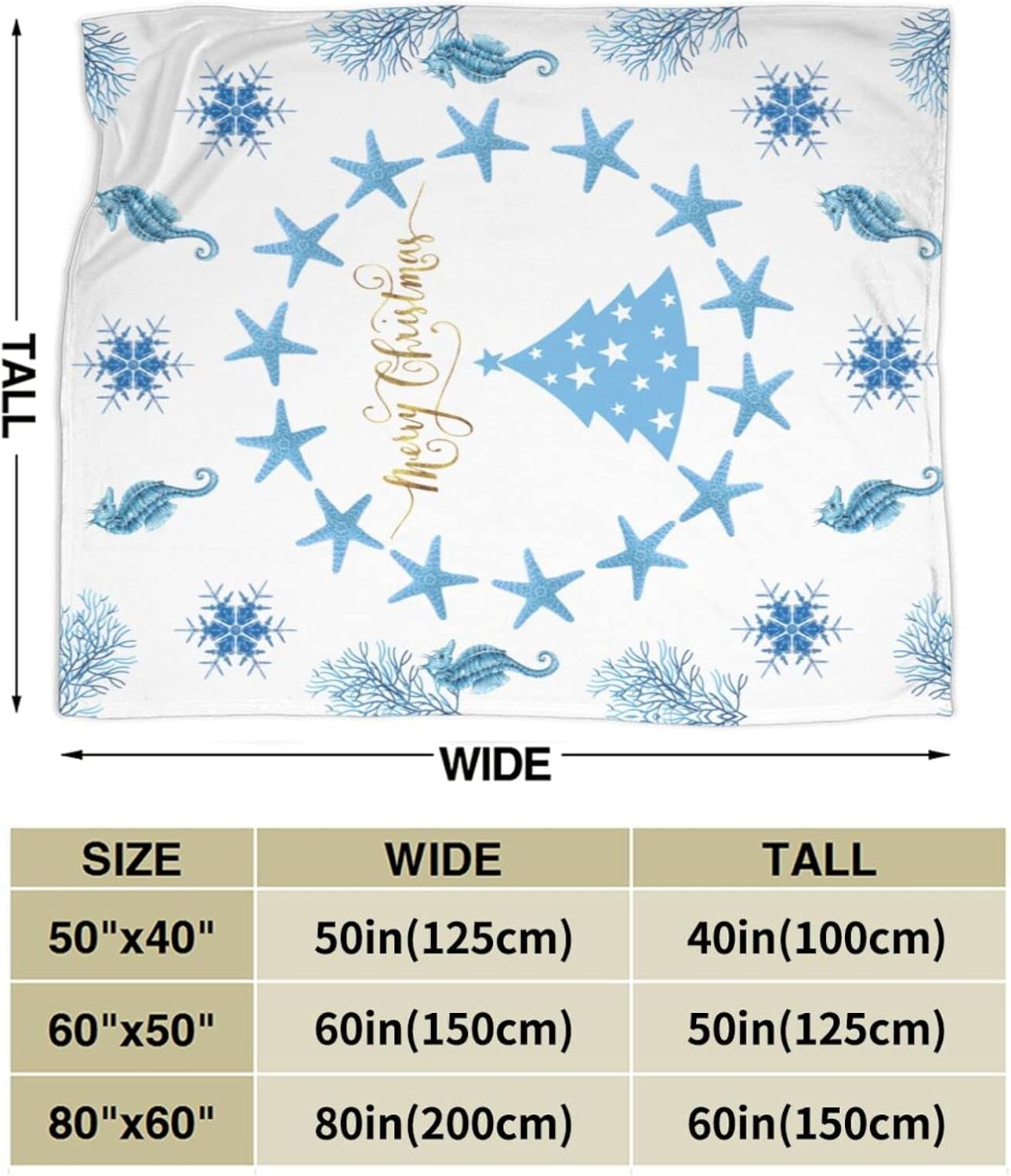 Merry Christmas Throw Blanket 80"X 60" Seahorse Snowflake Starfish Soft Warm Flannel Fleece Bed Blankets Gift for Adults