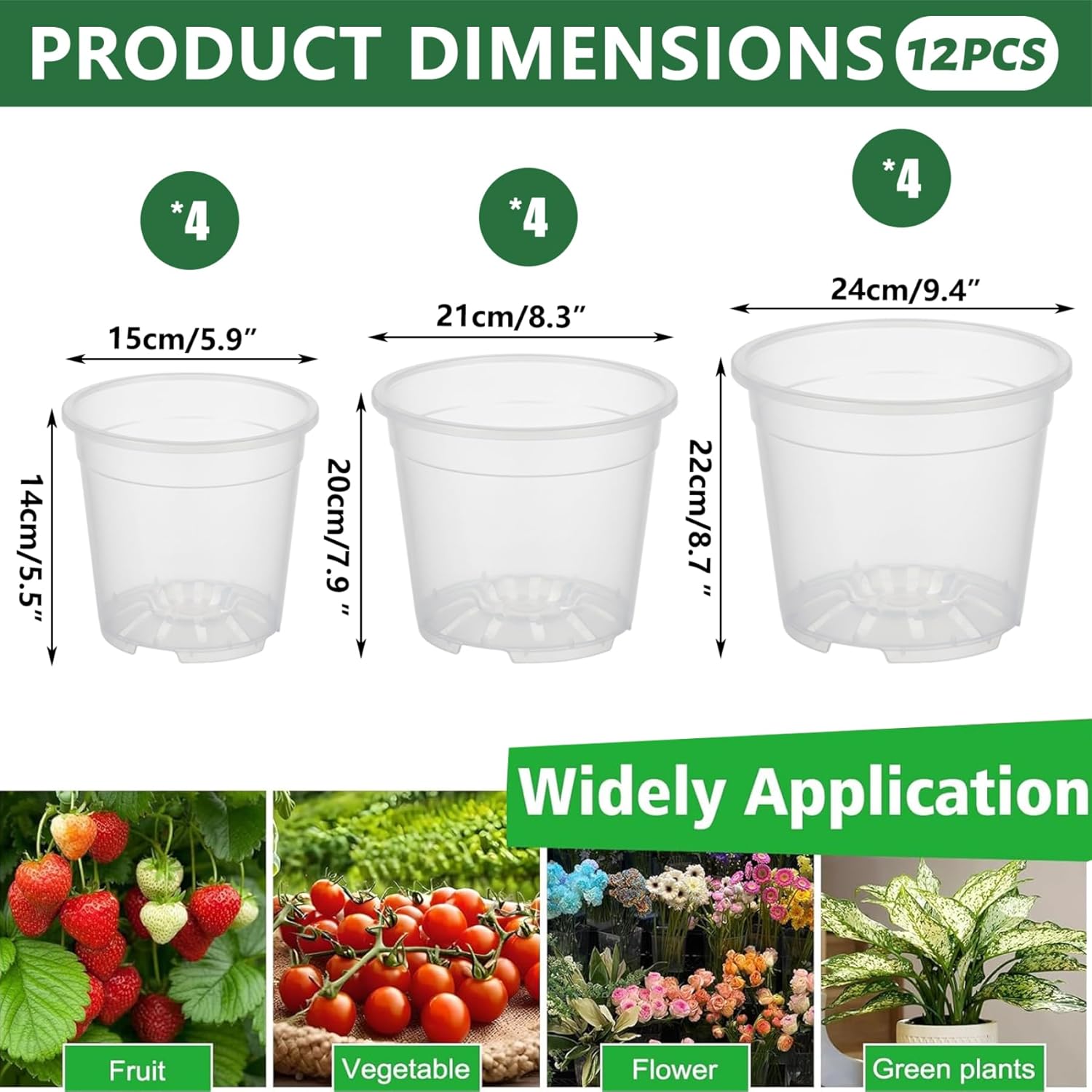 Clear Nursery Pots with Drainage, 12 Pack - 6, 8, 9.5 Inch Transparent Plant Pots for Easy Root Monitoring and Healthy Growth..
