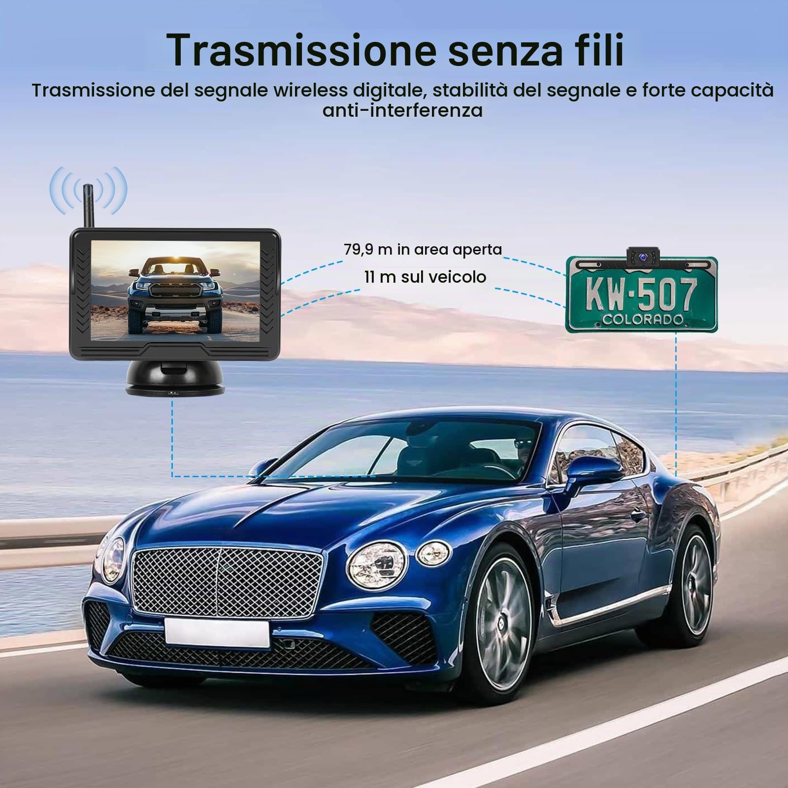 VECHTEL Telecamera Retromarcia Senza Fili 1080P, kit monitor con schermo IPS da 4.3 pollici, Facile da Installare, Linee Guida DIY, Visione Notturna, Impermeabile IP68