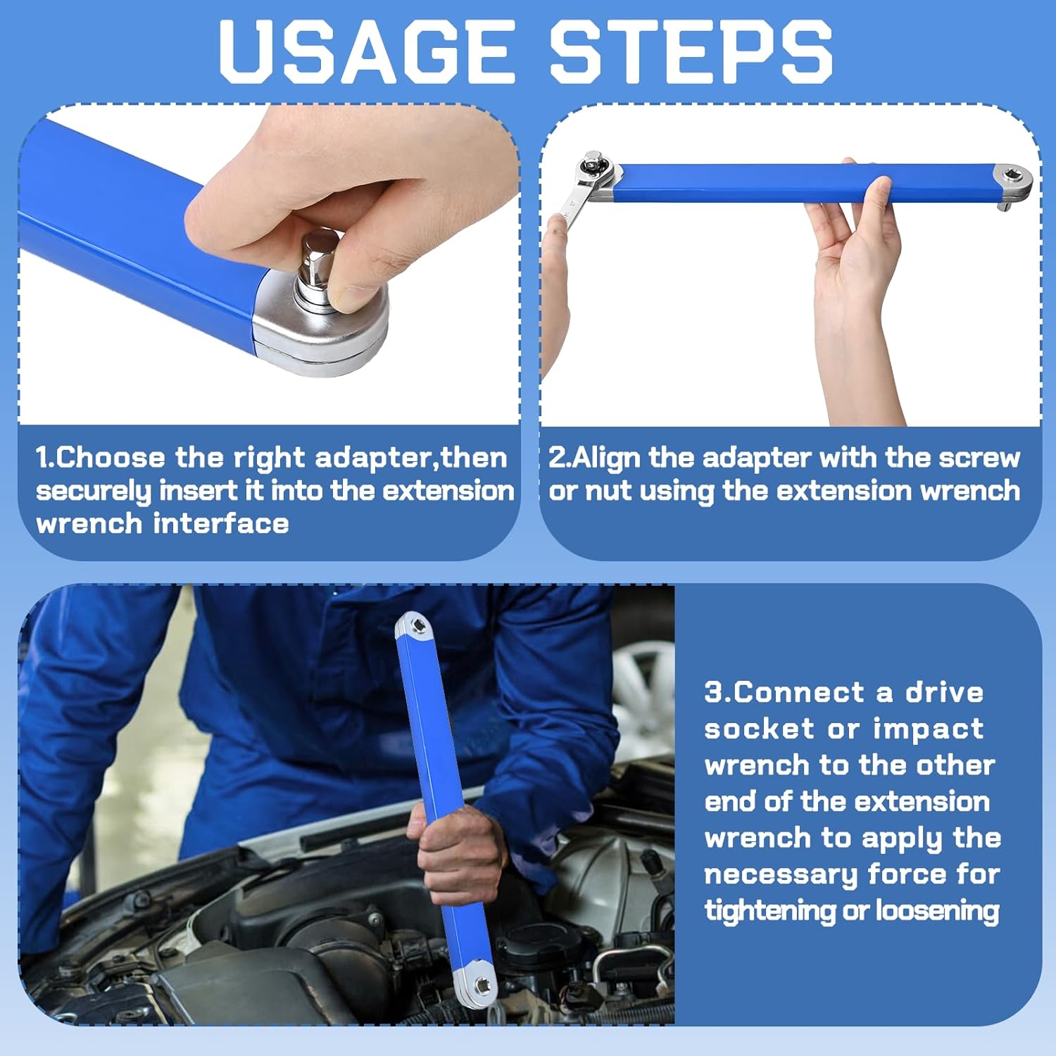 Offset Extension Wrench with 1/2", 1/4" and 3/8" Square Drive Adapters - Wrench Extender Tool for Car