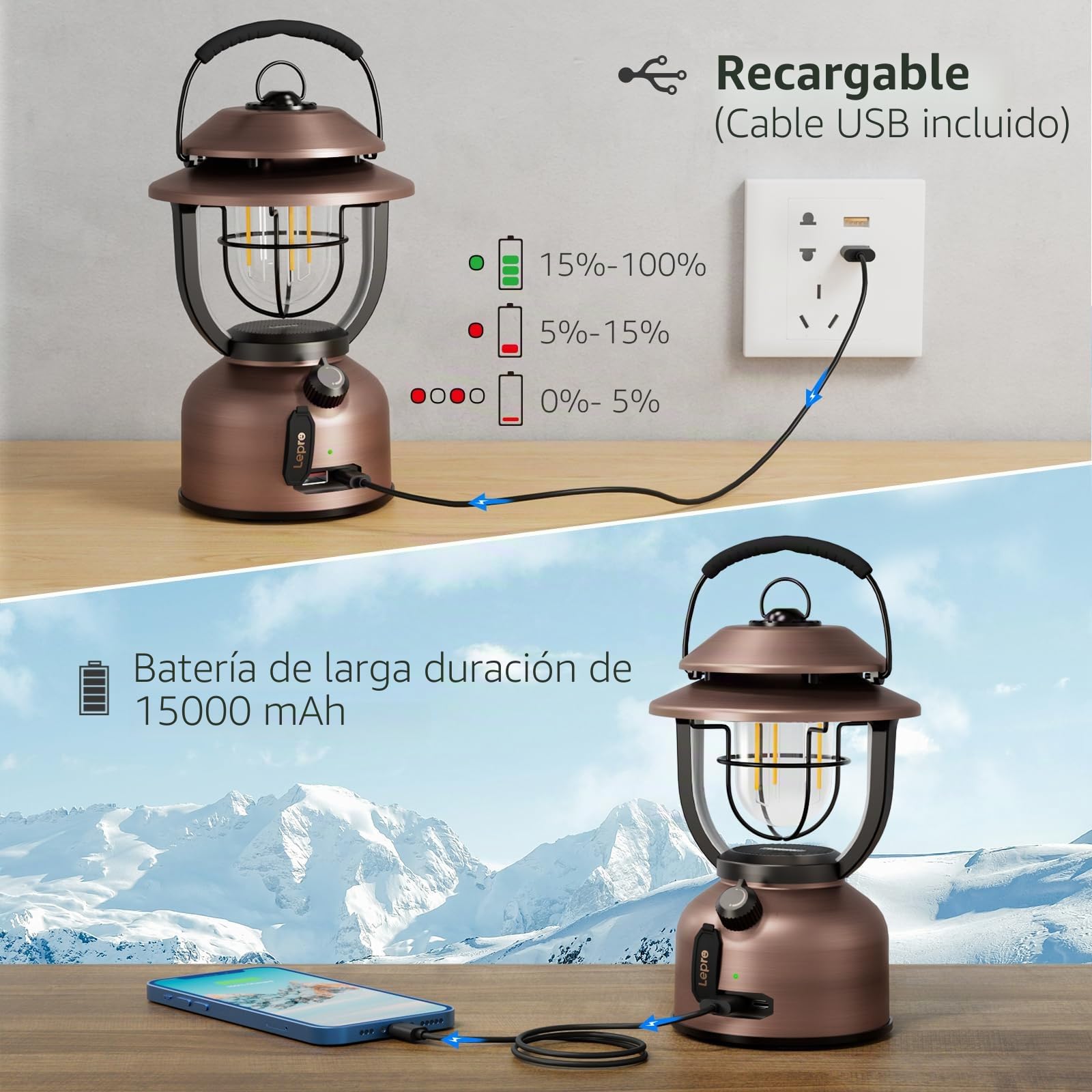 Lepro Linterna de Cámping Recargable Retro 1000 LM | Regulable, 2500K Blanco Cálido y 5000K Blanco Frío para Cámping y Picnic, Iluminación Interior y Decorativa, Emergencias