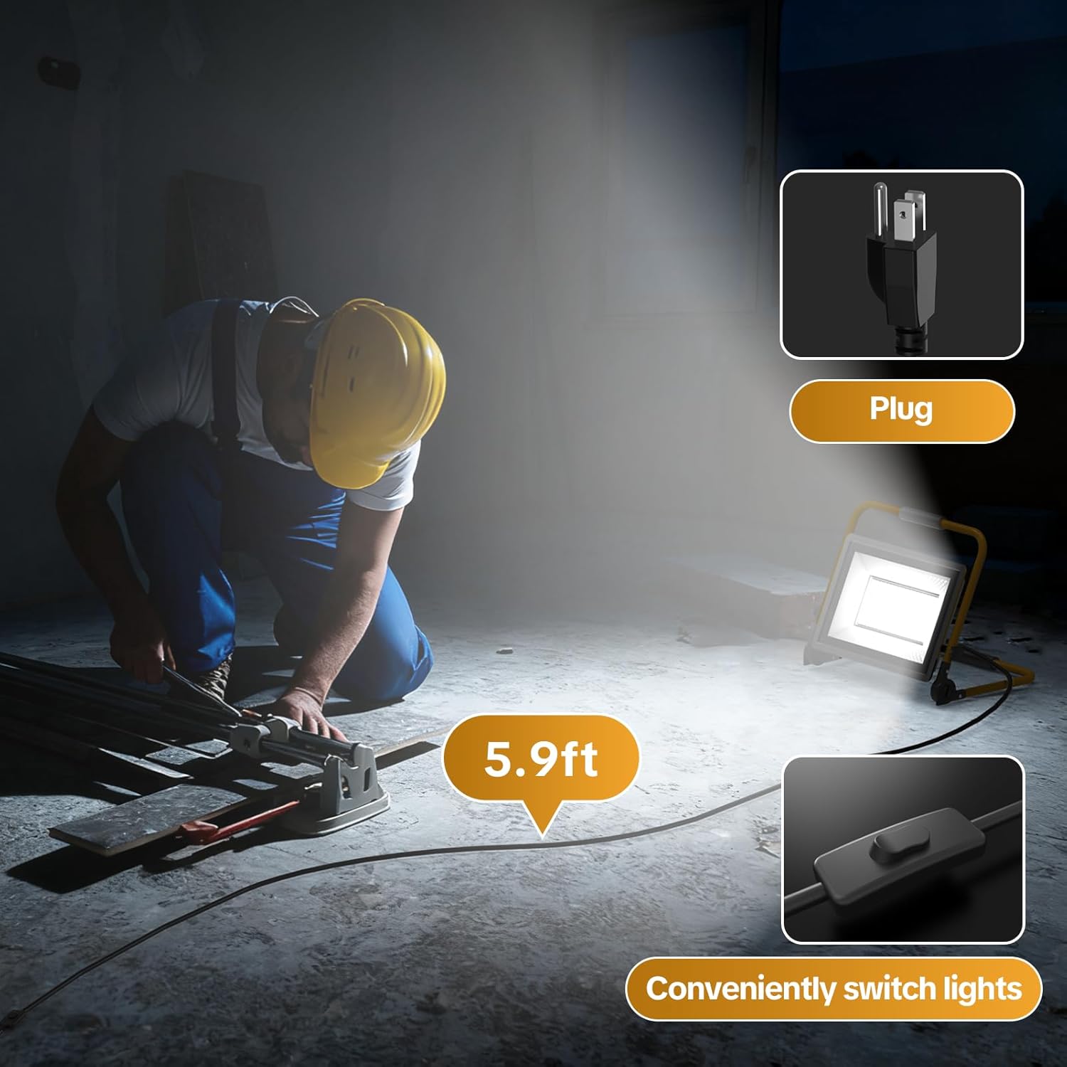 AIKVSXER 3600LM Led Work Light, 30W 6000K Portable Flood Light with 5.9FT Cord & Switch, IP66 Waterproof Worklight for Indoor Outdoor Job Site Repairing Garage Workshop, Gifts for Man, 1 Pack