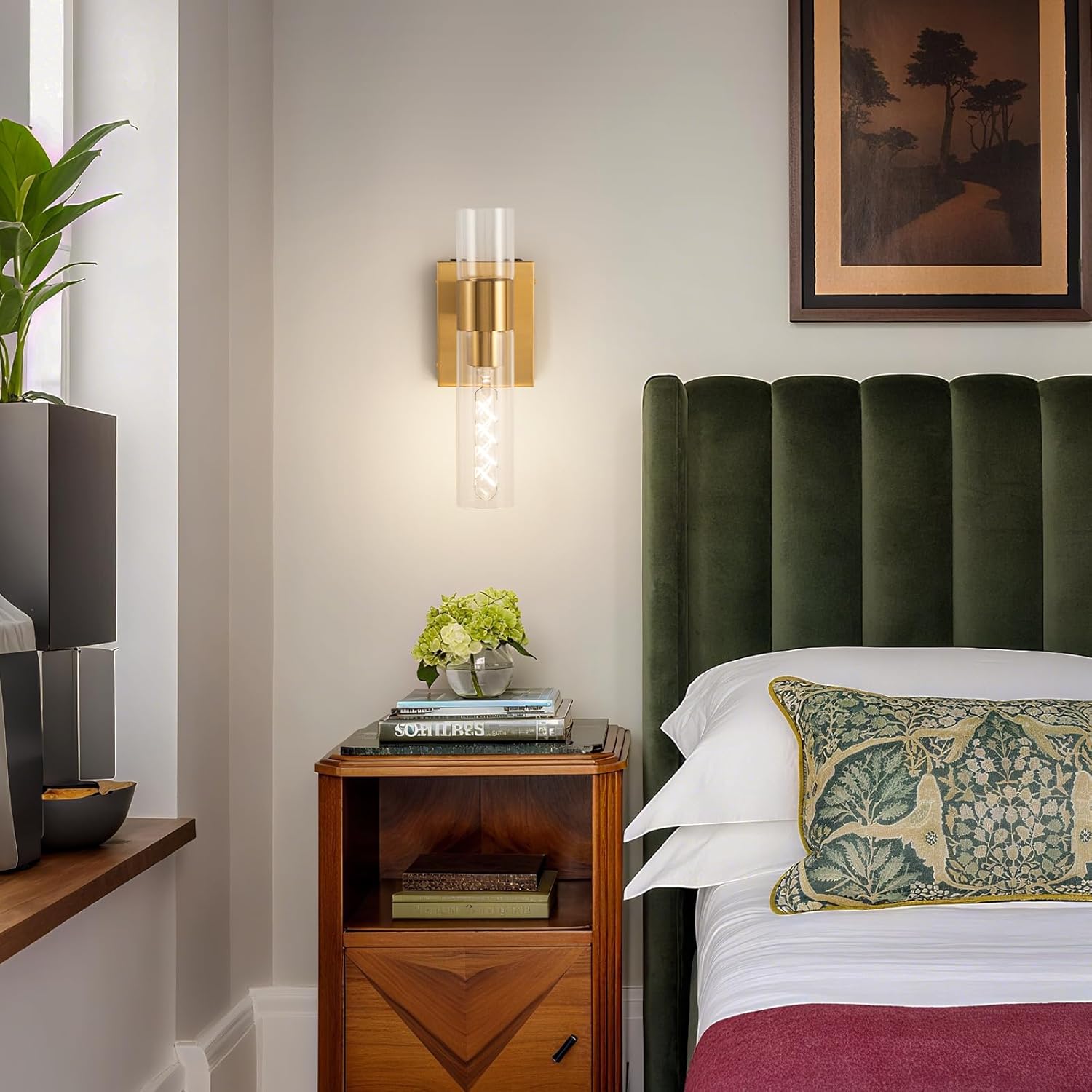 BELS Battery Operated Wall Sconces Set of Two, 13 Inch Gold Wireless Wall Light with Cylinder Clear Glass, Remote Control, Modern Wall Sconce for Bathroom, Bedroom, Living Room, Hallway