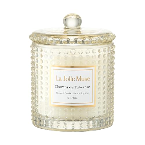 LA JOLIE MUSE Champs de Tuberose Scented Candle - Ylang, Tuberose, Orange Blossom | 10 oz Natural Soy Wax | 55 Hours Clean Burn | Floral Scented Candle | Gift-Ready for Hosts & Gatherings