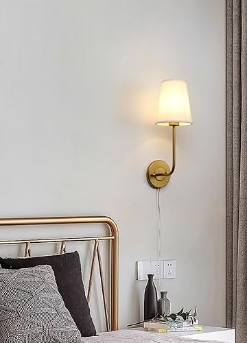Miniatura 4 de Pathson Set of 2 Plug in Wall Sconces, Rustic Wall Lighting Fixtures with OnOff Switch and Pure White Fabric Lampshade, Antique Brass Wall Lamps for