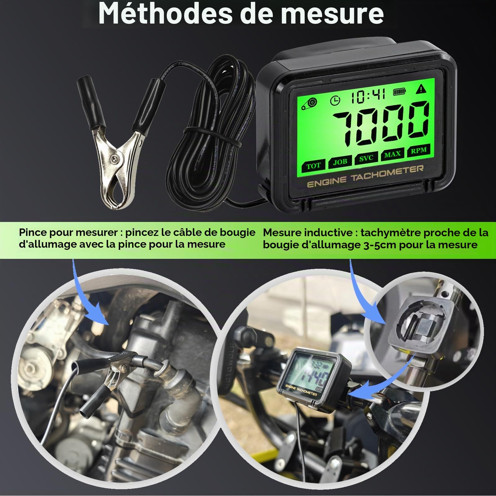 Tachymètre Numérique LCD 18 000 tr/min avec Compteur Horaire | Tachymètre avec Induction Sans Fil, Surveillance de Batterie, Étanchéité et Rappel D'entretien pour Moto, Tondeuse, etc