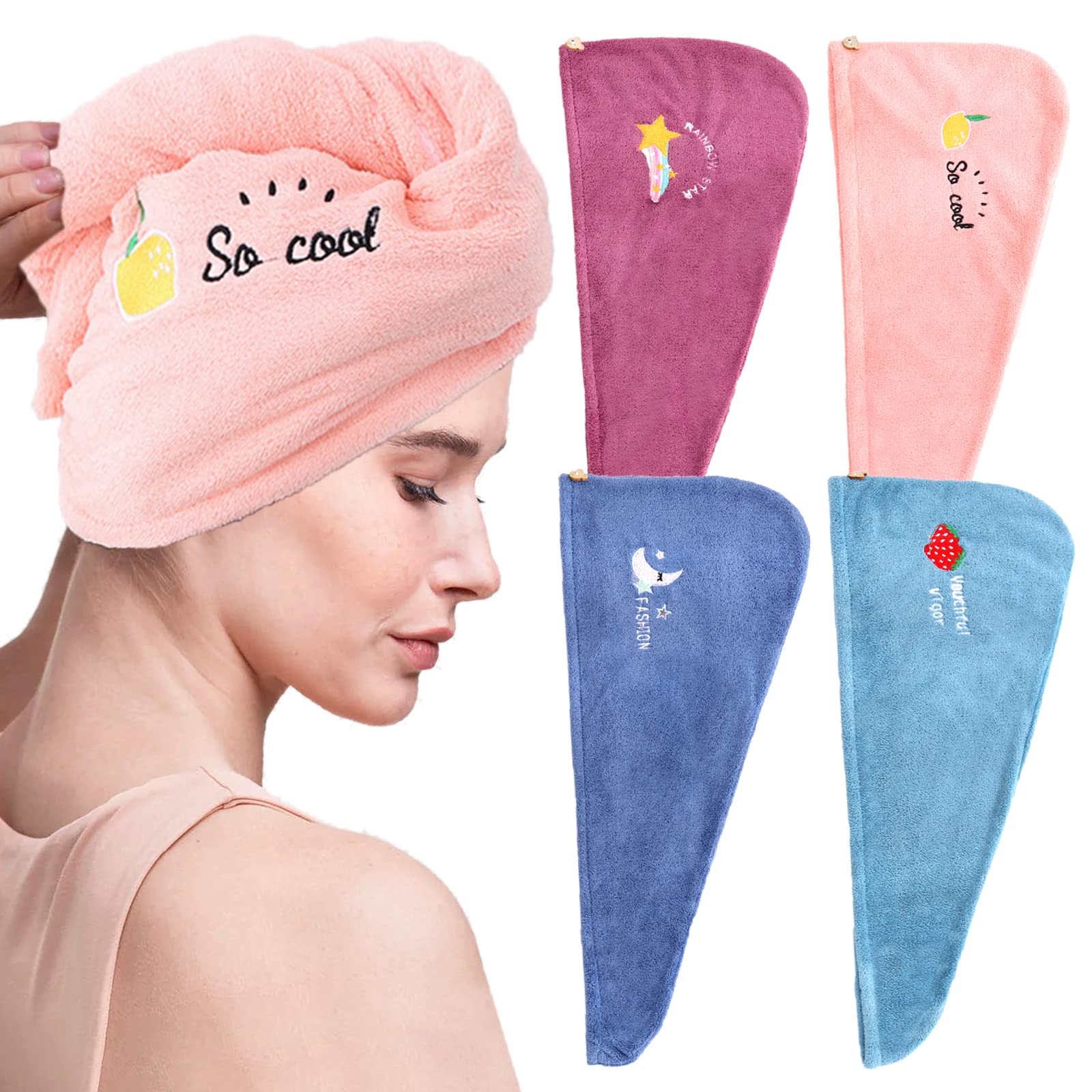 VEGCOO 4 Piezas Toalla para el Cabello, Toalla Turbante Seca Pelo para Mujer, Superabsorbente y Secado Rápido Toalla Microfibra Pelo para Secar el Cabello Rizado, Largo y Grueso