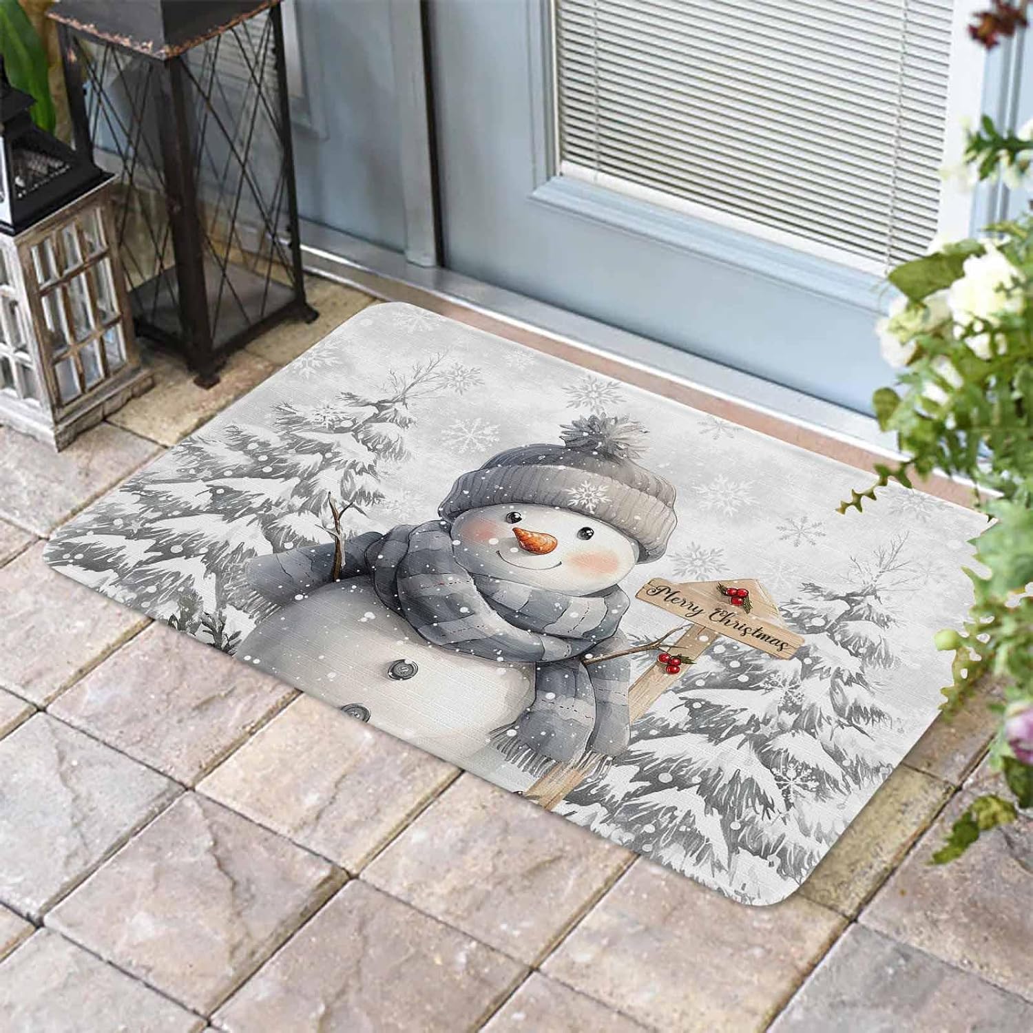 ALAGEO Christmas Snowman Welcome Mat - White Snowflake Scenery Winter Holiday Door Mat - 24 x 36 Inch Non Slip Rubber Indoor/Outdoor Entrance Rug
