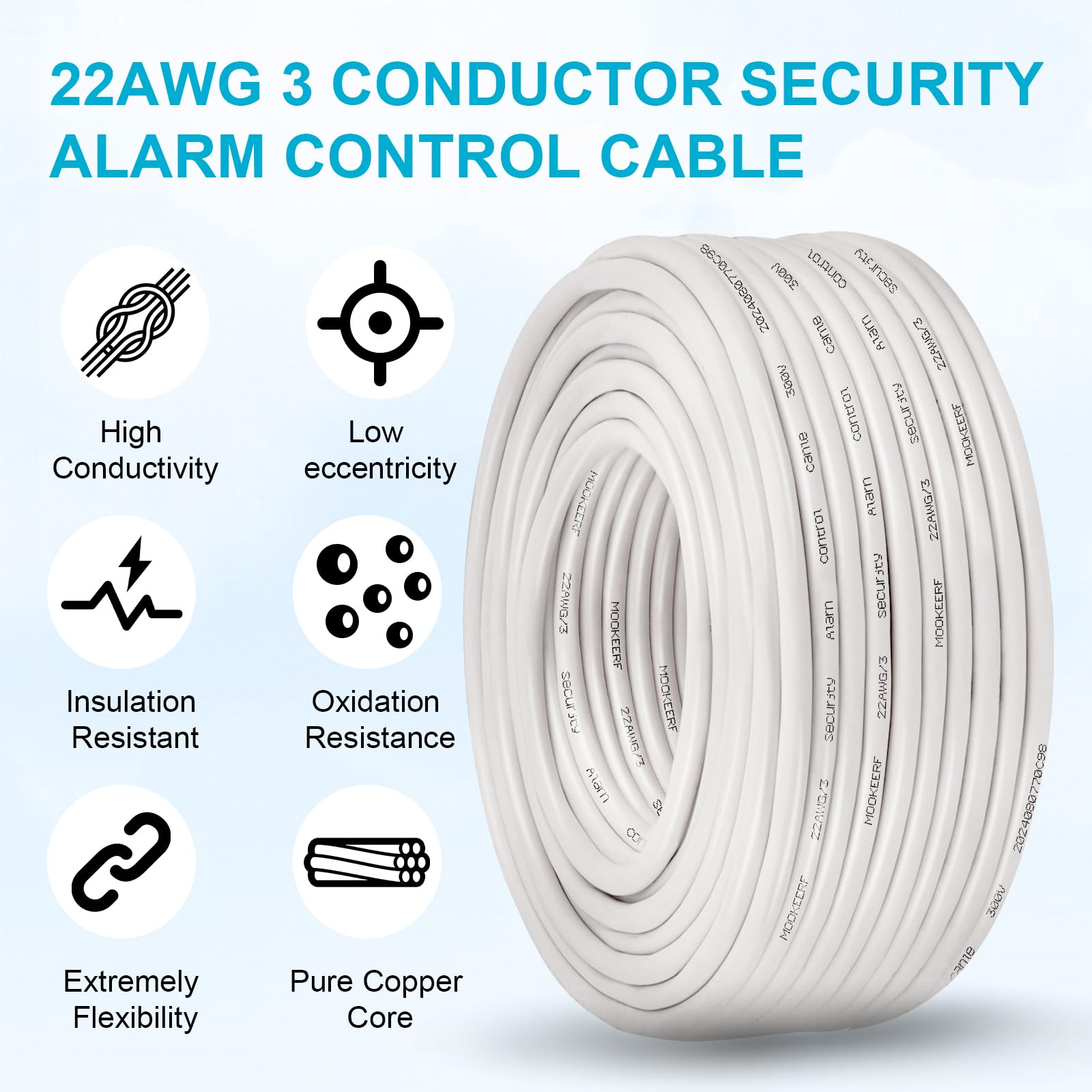 MOOKEERF Cavo schermato 22/3 22 AWG 3 Conduttore Schermato Plenum Cavo 200FT Bianco CL3P Giacca per Sicurezza/Allarme/Controllo Accesso/Suono-22AWG 3 Conduttori Filo