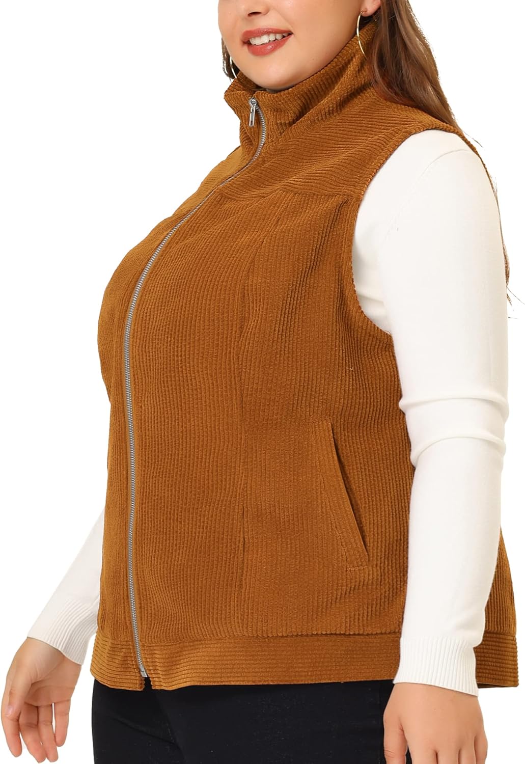 Agnes Orinda Plus Size Sleeveless Vests for Women Casual Zipper Side Pocket Corduroy Vests - Image 2