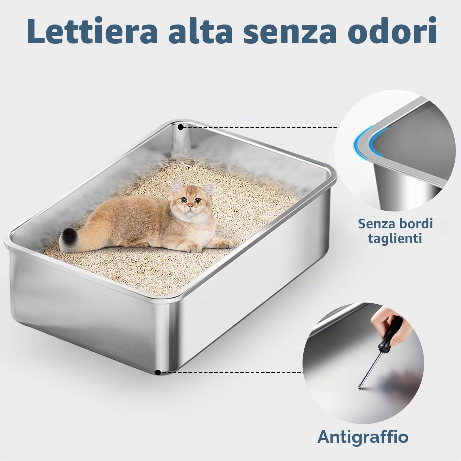 Lettiera per gatti in acciaio inox, confezione da 3, 70 x 50 x 20 cm, con bordi alti in metallo, extra large, a tenuta stagna, antiaderente e inodore