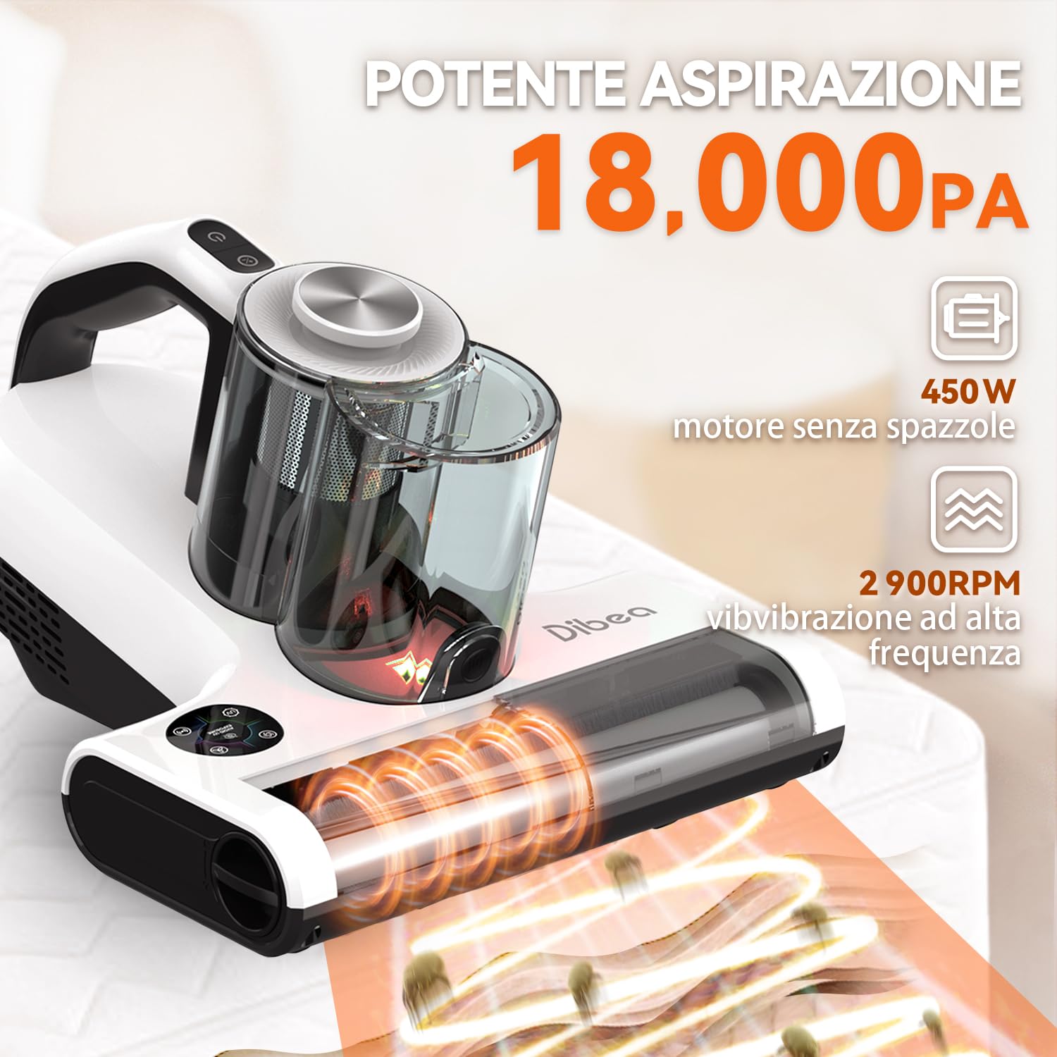 Dibea Aspirapolvere a mano per materassi, 18 kpa aspirapolvere acari per materassi, 450 W, sensore acari della polvere, indicatore LED, 60 ℃ vento caldo, ultrasonico, rimuove 99,99% cimici, batteri