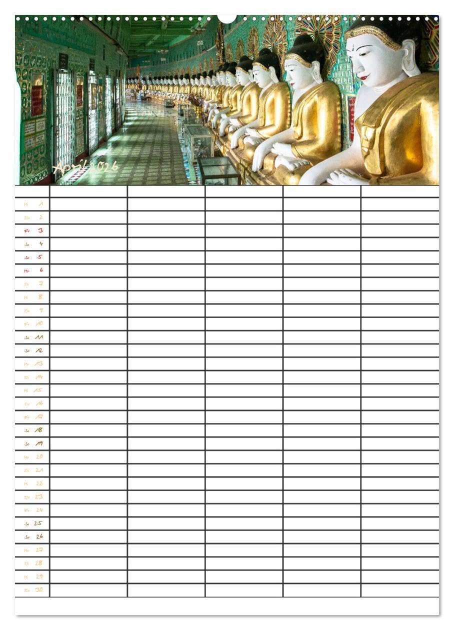 Goldenes Myanmar - Familienkalender 2026 (Wandkalender 2026 DIN A2 hoch), CALVENDO Monatskalender: Myanmar - das Land der Pagoden, Klöster, Mönche und ... 5 Spalten für Ihre Einträge. (CALVENDO Orte)