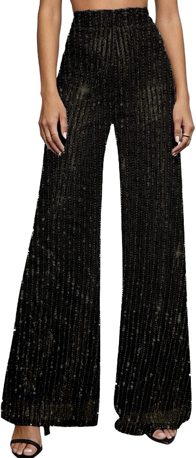 Okiwam Women's Black Sequin Wide Leg Pants,Trousers, Formalwear, High Waisted Sparkle Palazzo Trousers, Glitter Party Wear