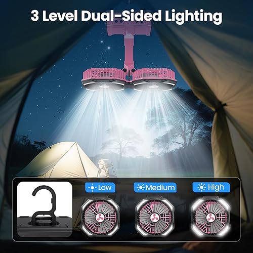 Miniatura 4 de Ventilador recargable portátil de doble cabezal de 20000 mAh, ventilador de campamento inalámbrico con linterna LED y control remoto, oscilación