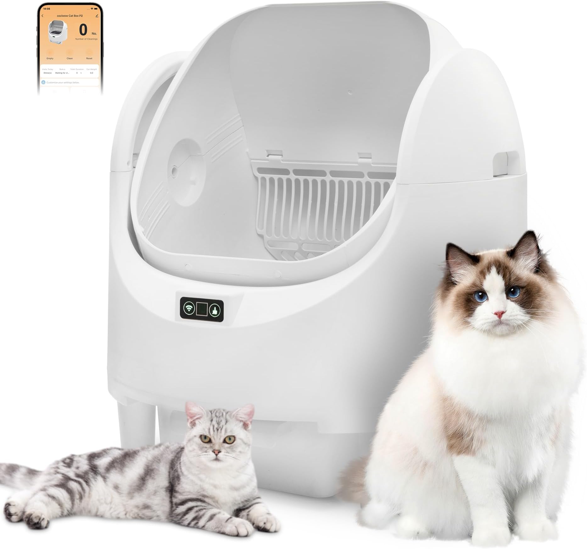 セルフクリーニングトイレ、65L自動猫用トイレ、アプリコントロール付き、ピンチ防止&安全センサー付き、猫用トイレ、多猫用臭気コントロール付き猫用トイレ、1ロールゴミ袋付き