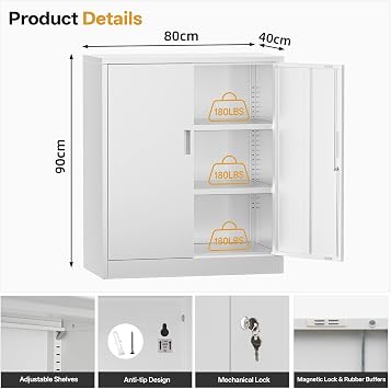 Metal Storage Cabinet, 90cm Locking Storage Cabinet with Doors & Shelves, Steel Storage Cabinet with 2 Adjustable Shelves for Garage, Home, Office, Utility Room, Assembly Required(White, 90 * 80 * 40)