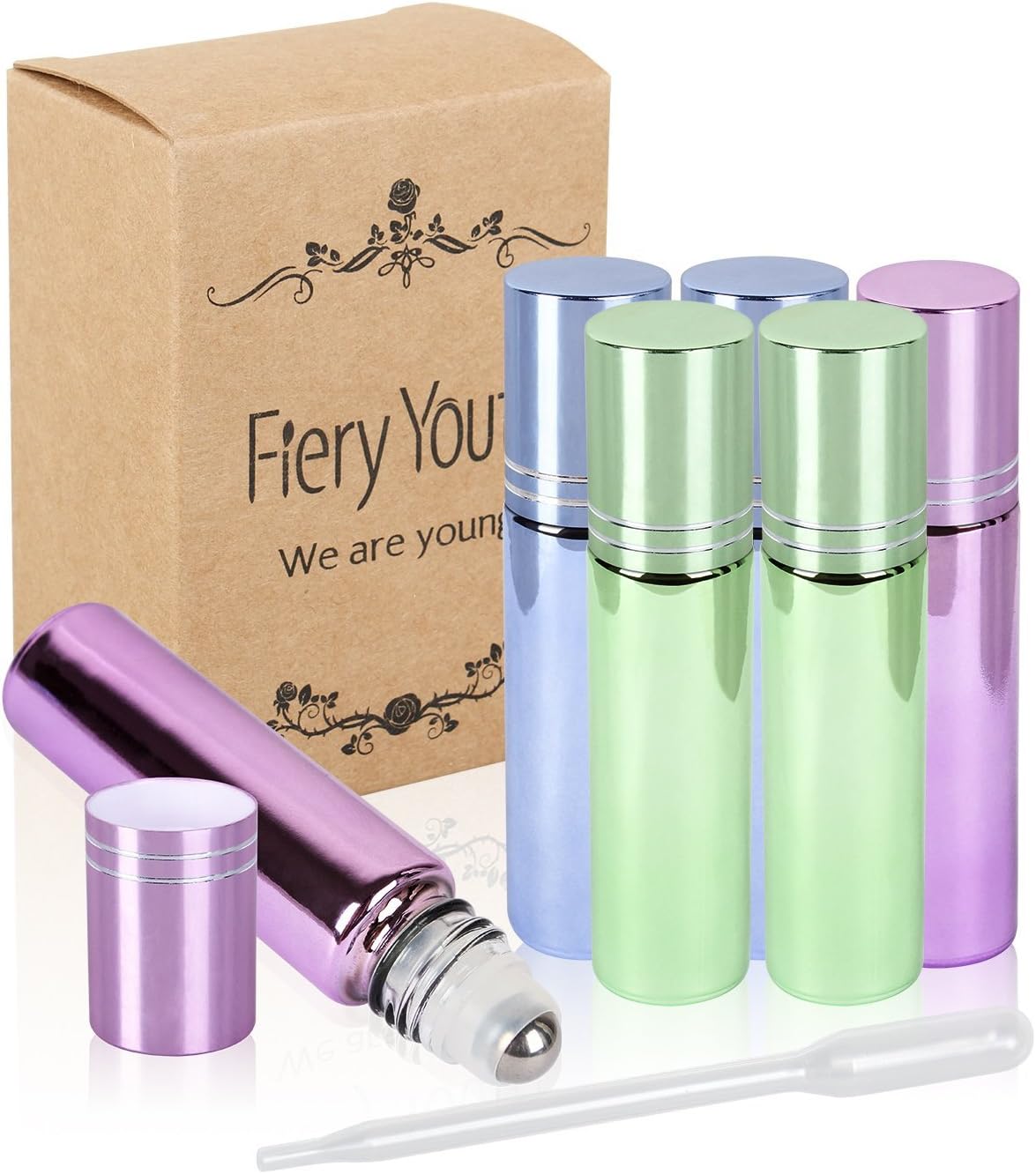 6 Bottle Set Fiery Youth 3 Colors Mixed Glass Essential Oil Roller Bottles,Useful for Aromatherapy Perfumes And Lip Balms,10ml，Glass Roll on Bottle (0.5 ml Dropper included)