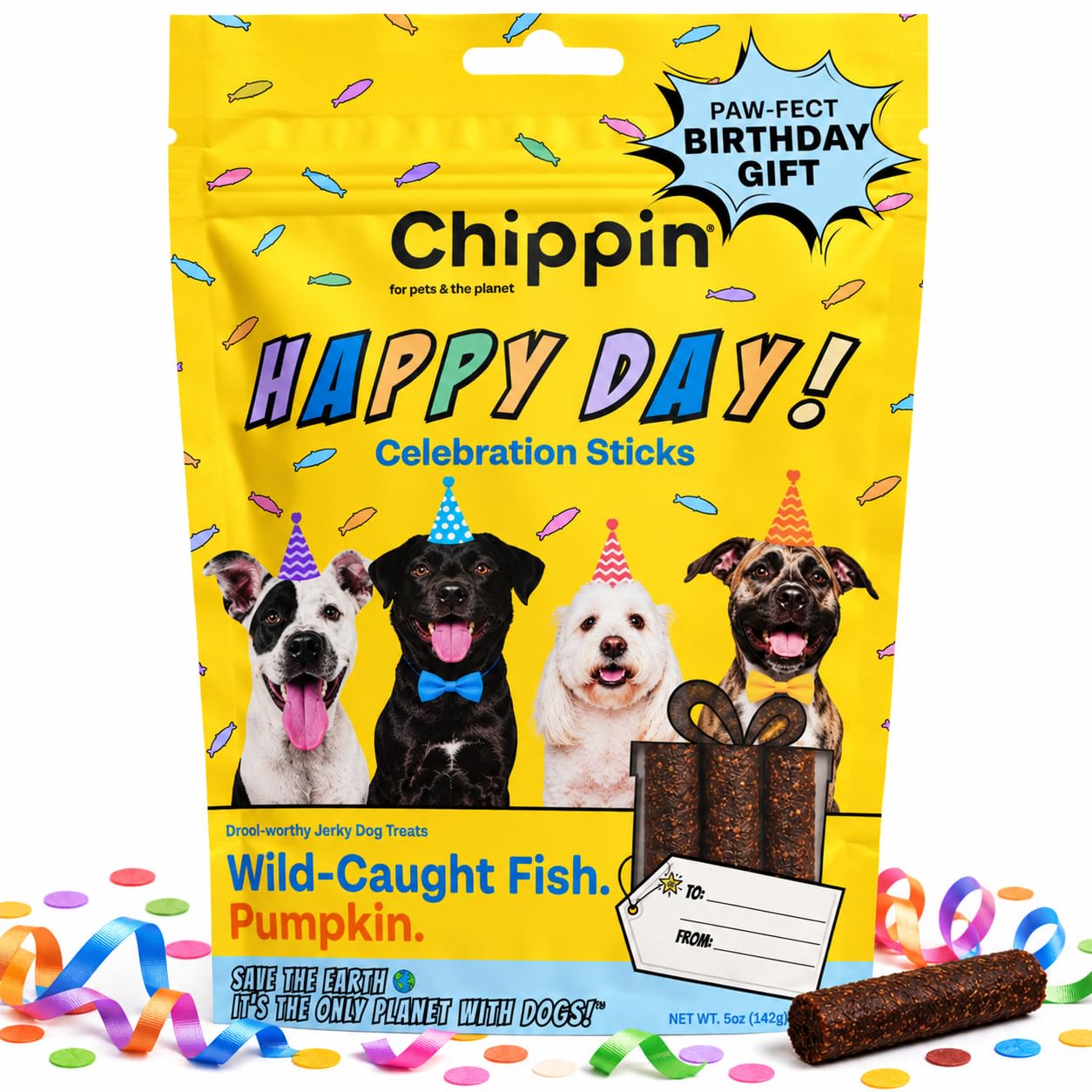 Chippin Dog Birthday Treats, 5 oz, Pumpkin Flavored with Fish Dogs Will Love, All Natural Ingredients, Chicken Free Soft Jerky, Perfect Dog Birthday Gift, Party Favor, Made in USA