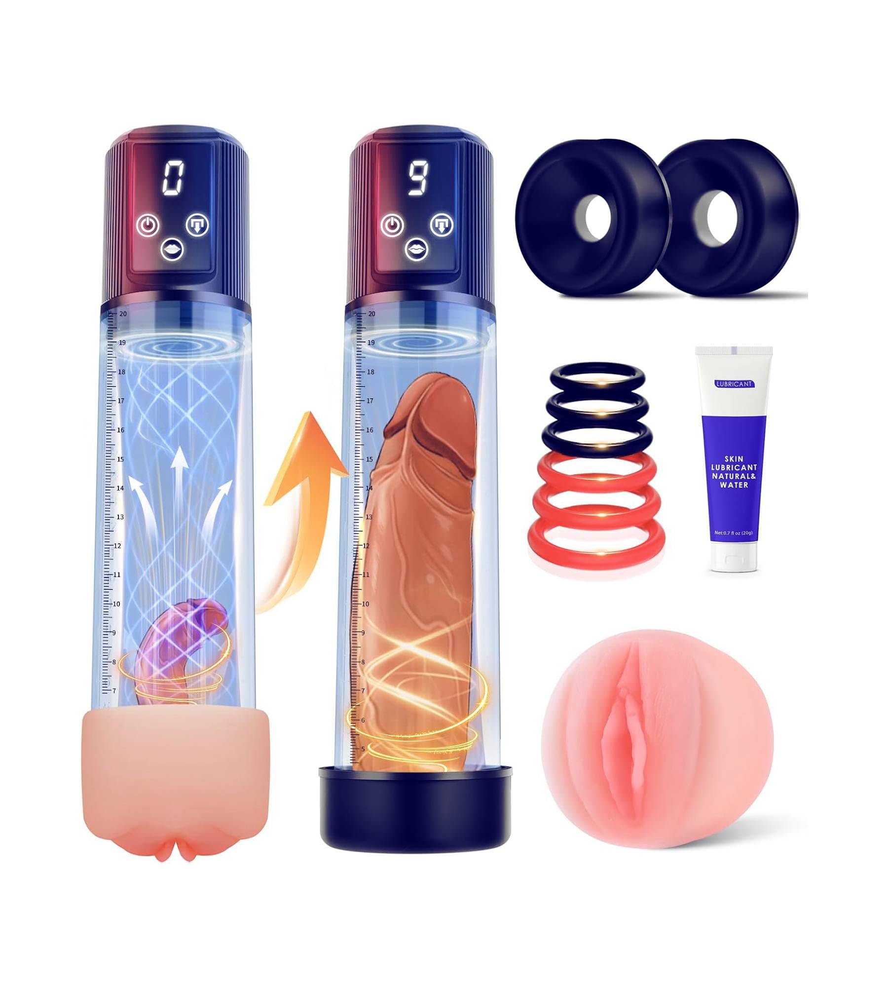 Penispumpe Vakuumpumpe für den Mann, 9 Saugstufen & 9 Trainingsmodi Penis Pumpe Sexspielzeug für Männer, 6 Ringen, Blau