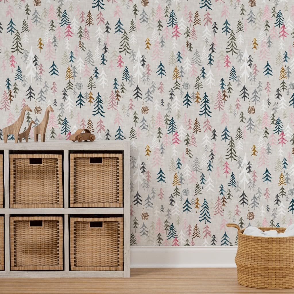 Peel & Stick Wallpaper 3ft x 2ft - Pink Forest Hiking Camping Explore Mountain Adventure Pine Tree Custom Removable Wallpaper by Spoonflower
