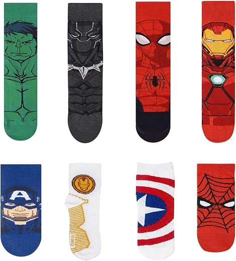 SocksXpress Marvel Men’s Crew Socks Gift Box|Pack of 8 Pairs |Calf-Length|100% Officially Licensed Avengers Superhero Comb...