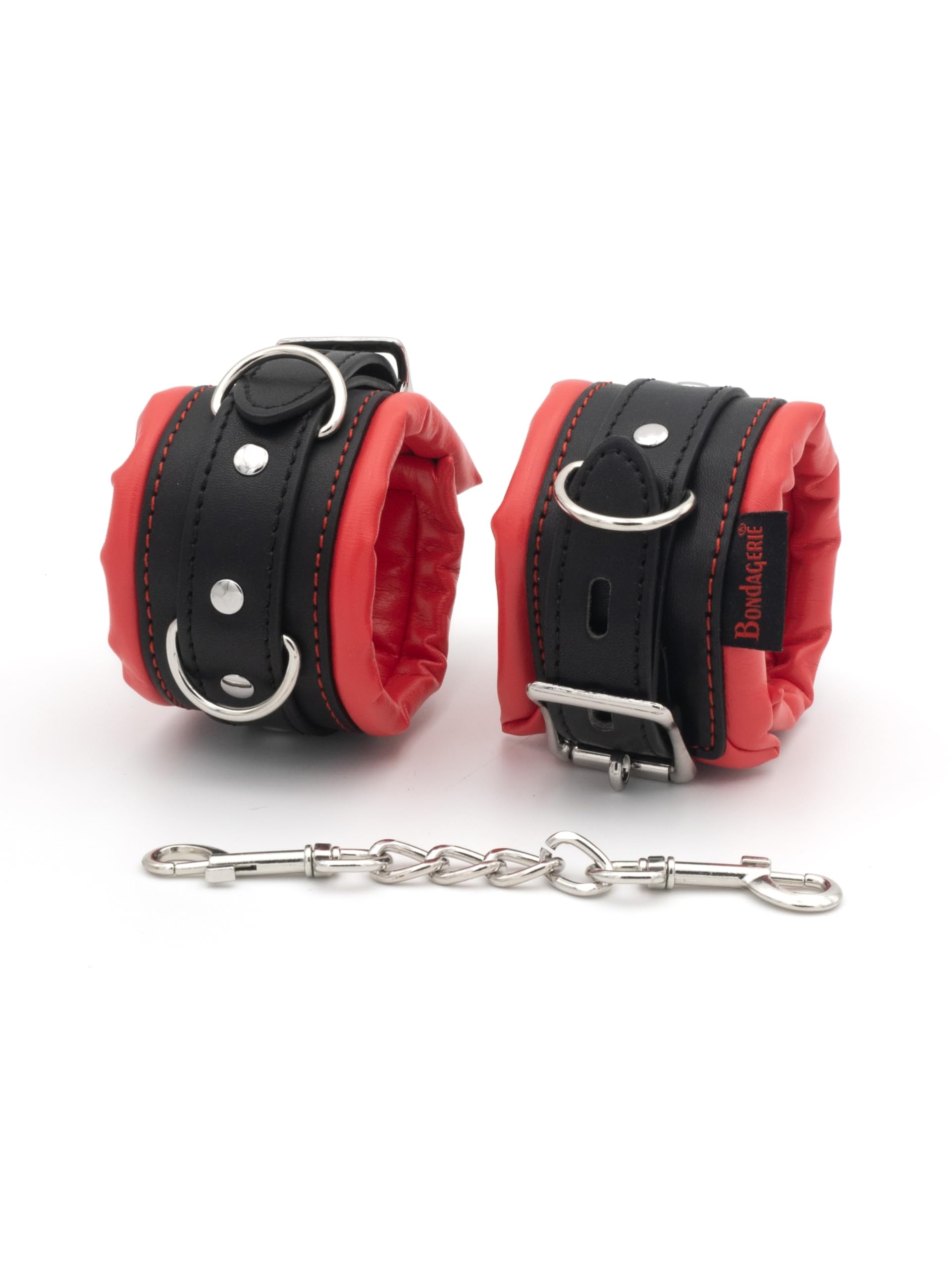 BONDAGERIE® Manette per Coppia Nero e Rosso, imbottite e morbide, sexishop uomo donna lui lei accessori catenina metallo
