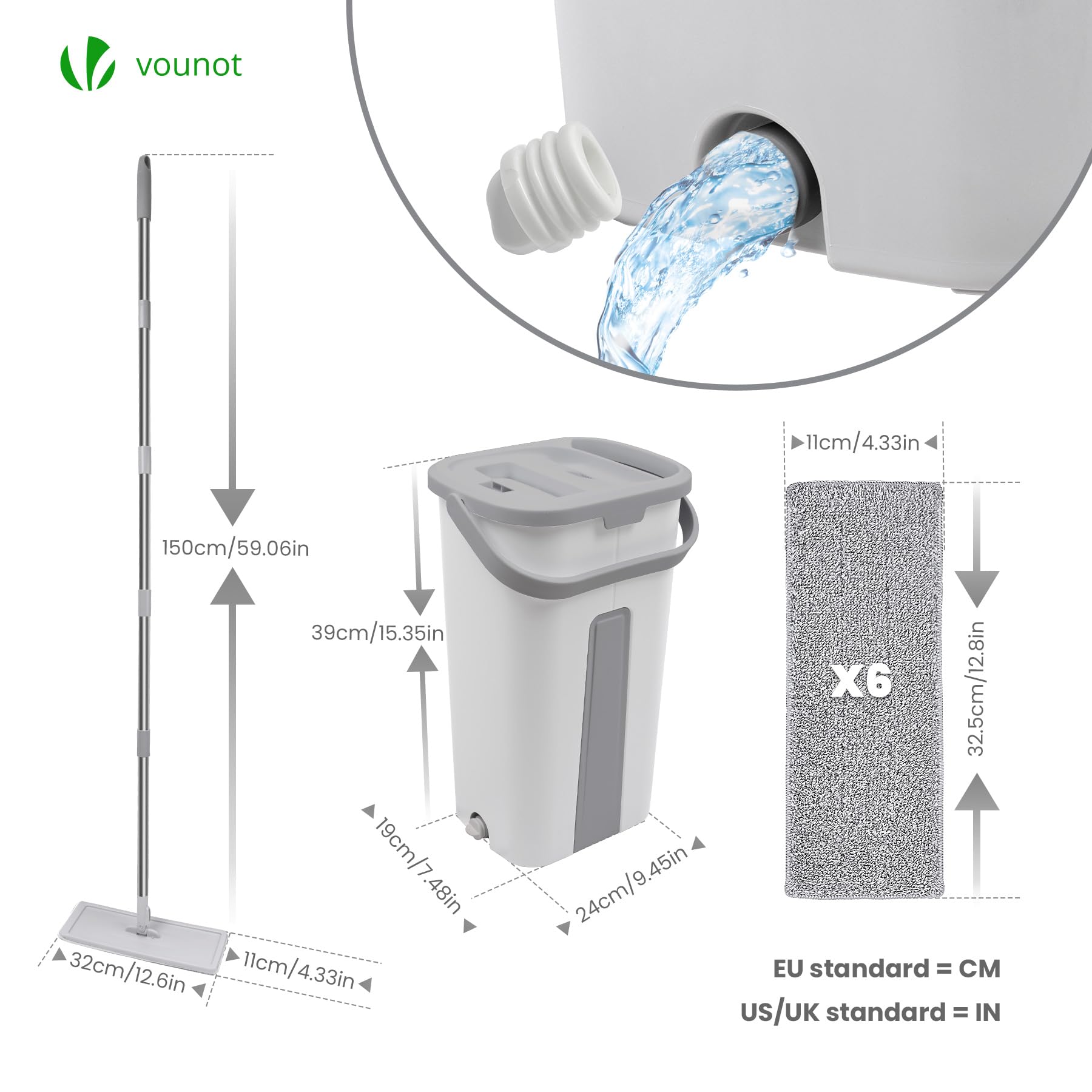 VOUNOT® Juego de Fregona y Cubo Escurridor 2 Compartimentos, Mopa Plana Microfibra con 6 Almohadillas Reutilizables, Trapeador Giratorio 360° Limpieza Suelos Madera, Laminado, Baldosas y Mármol Blanco