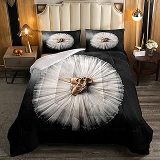 Erosebridal Ballet Comforter Set Ballerina Outfit Bedding Set for Girls Kids Child,White Skirt Duvet Insert Ballet Shoes with Ribbons Bed Quilt Pointe Peach Shoes Bedroom Decor Twin Size