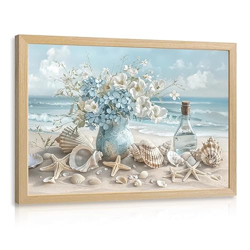 Coastal Seashell Wall Art, Blue Ocean Starfish Conch Daisy Flower
