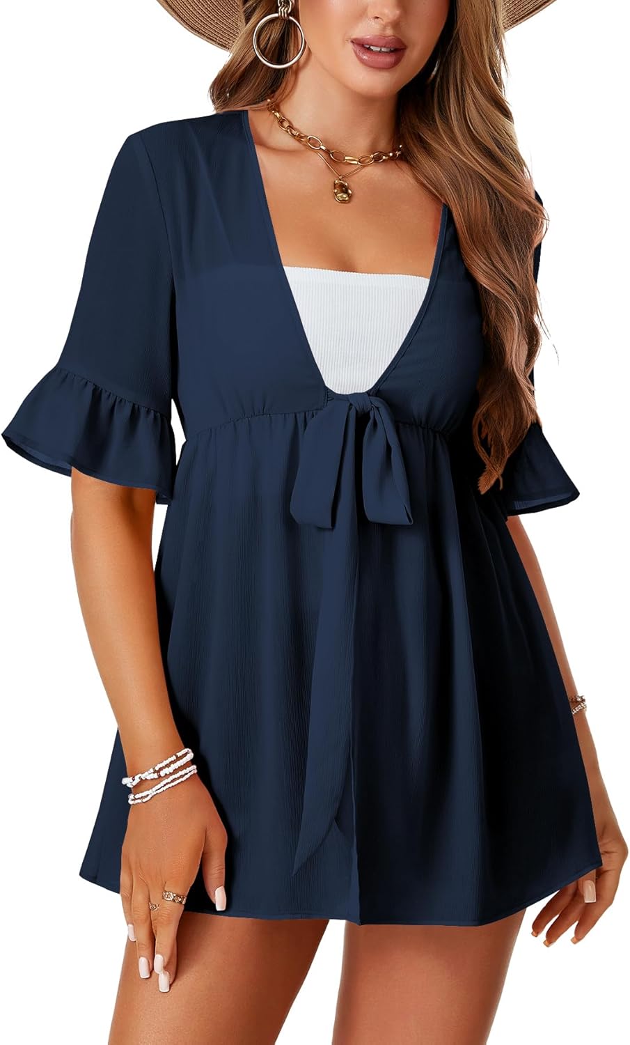 LYANER Women's V Neck Flounce Half Sleeve Tie Knot Front Coverup Beach Cardigan Blouse - Image 4