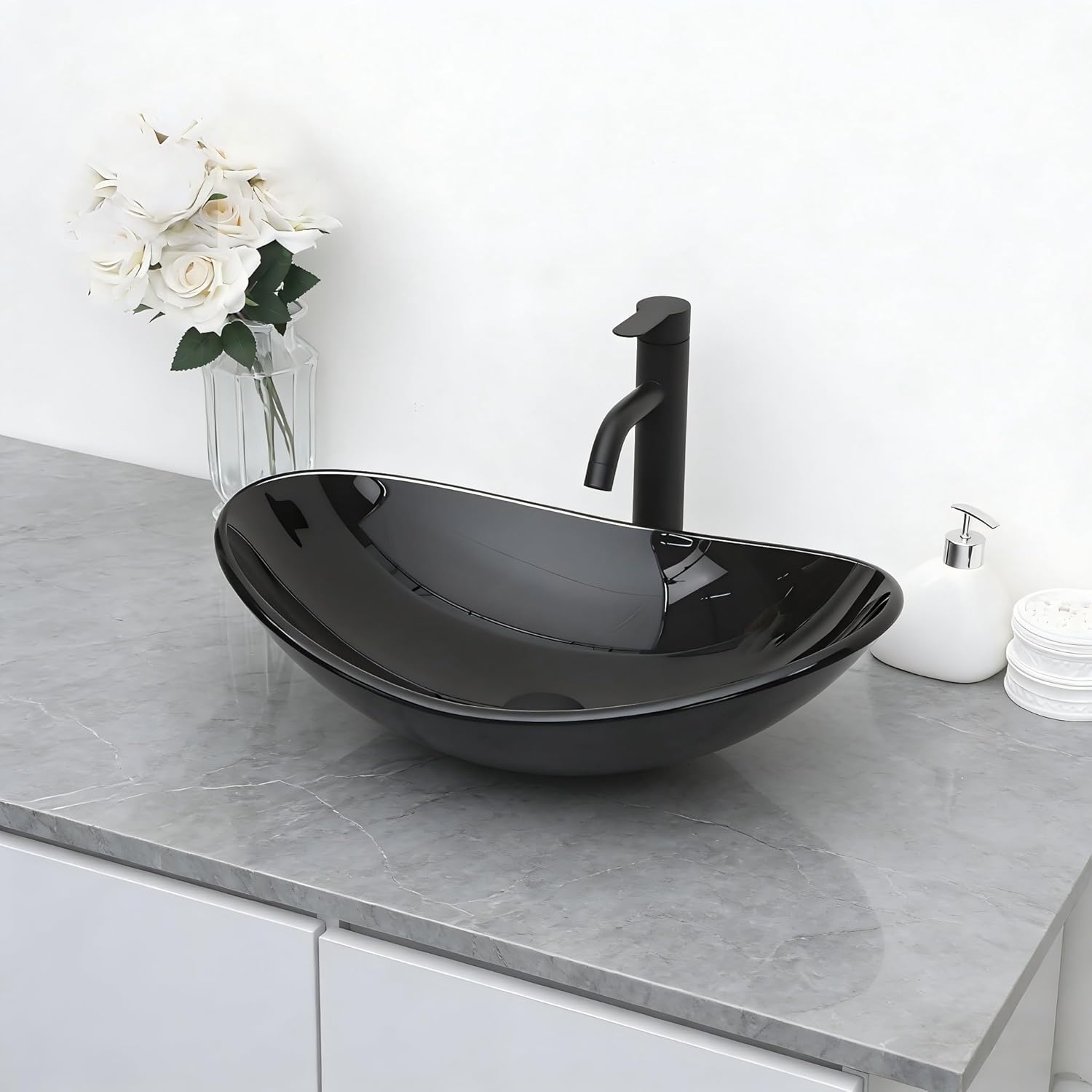 Bathroom Sink 21 Inch Black Glass Vessel Sink Modern Boat Shape Artistic Basin Bathroom Vessel Sink Above Counter 6.6" Deep Oval Sink