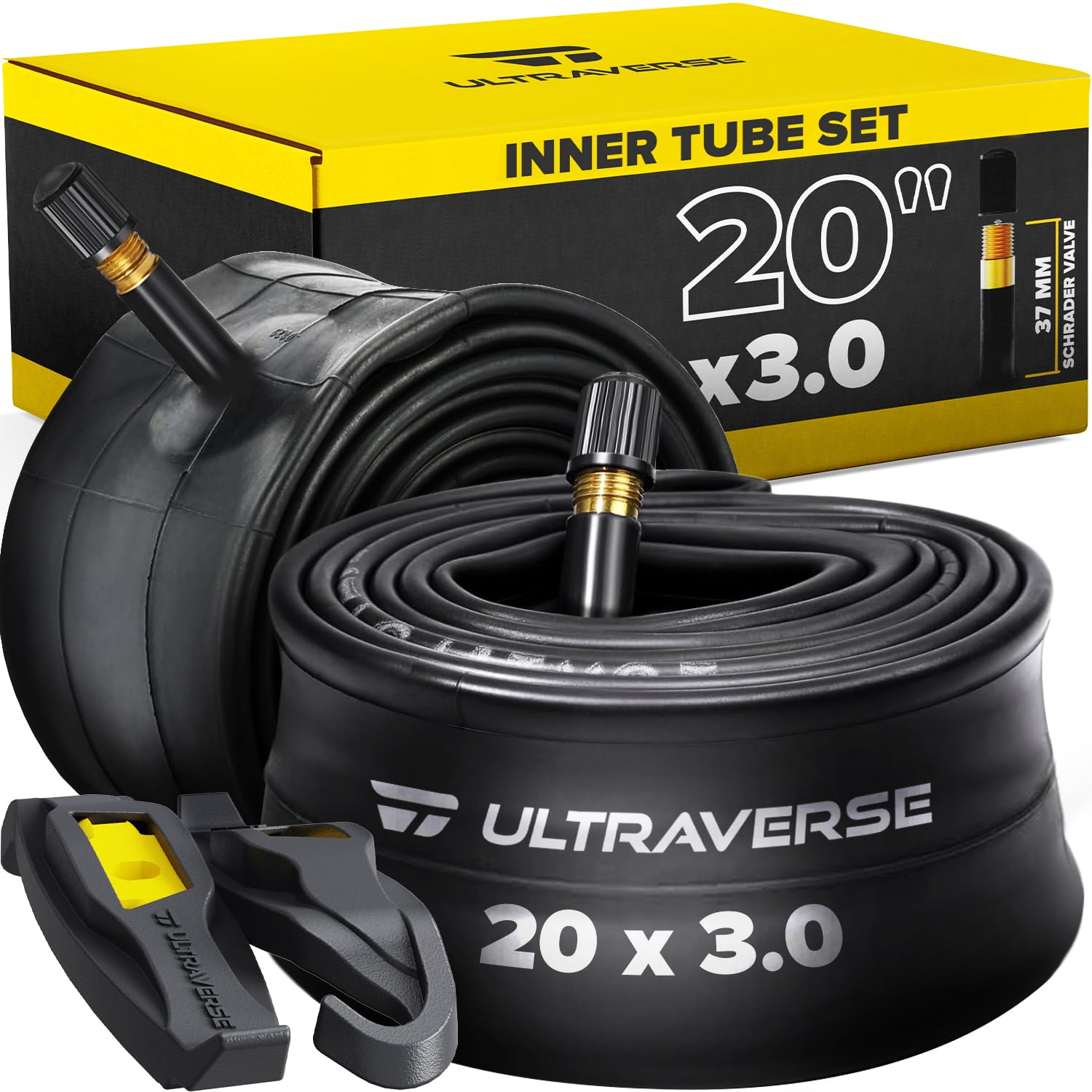 Ultraverse20 x 3.0 Inner Tube Set with Schrader Valve - Ideal for Mountain Bikes & E-Bikes with 20-Inch Fat Tires - Durable & Reliable Performance- 2 Pack with Tire Levers