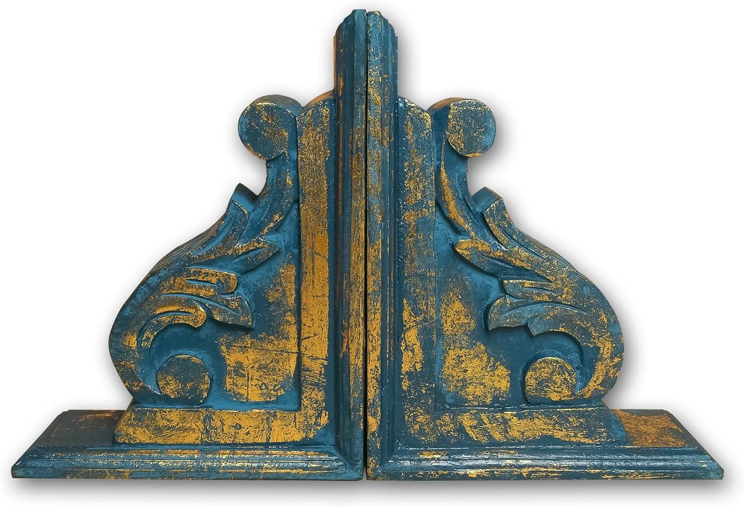 Wooden One Pair Indian Handmade Carving Bookends for Living Room, Bed Room, Laybrary, Table Decor, Book Shelves (Blue)-image-12