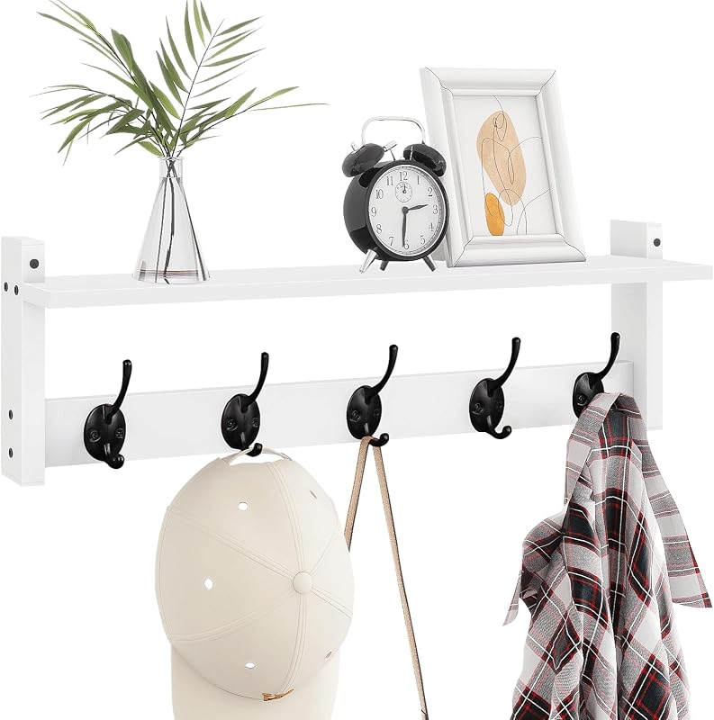 Perchero con estante de pared, estante de pared de 24 pulgadas de largo con ganchos debajo, perchero colgante de madera con estantes para sombreros para entrada, baño, vestíbulo, blanco