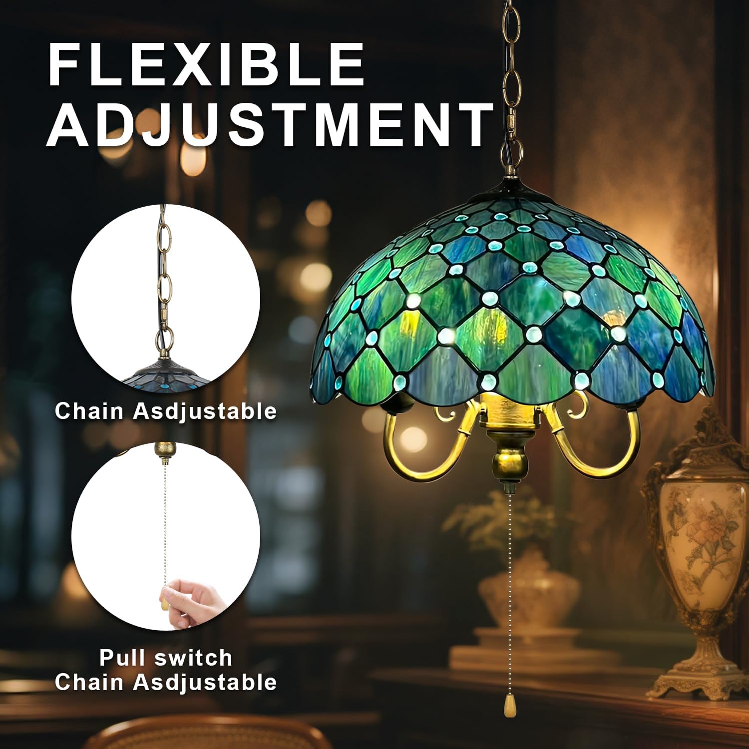 Tiffany Pendant Light, Sea Blue Pearl Style Stained Glass Pendant Light 16'' Wide 3-Light, Inverted Ceiling Pendant Lights for Living Dining Room Kitchen Bedroom Entryway