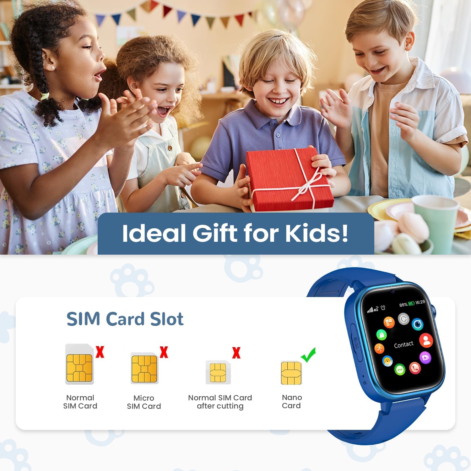Diagram illustrating the correct insertion of a Nano SIM card into the smartwatch.