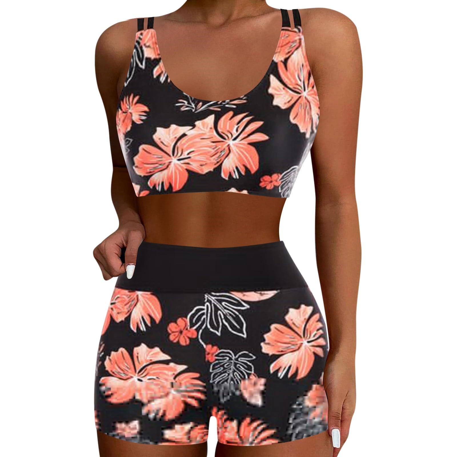 Generisch Costume da bagno con gilet conservatore, bikini stampato, set da tre pezzi, tankini da donna con cintura arricciata