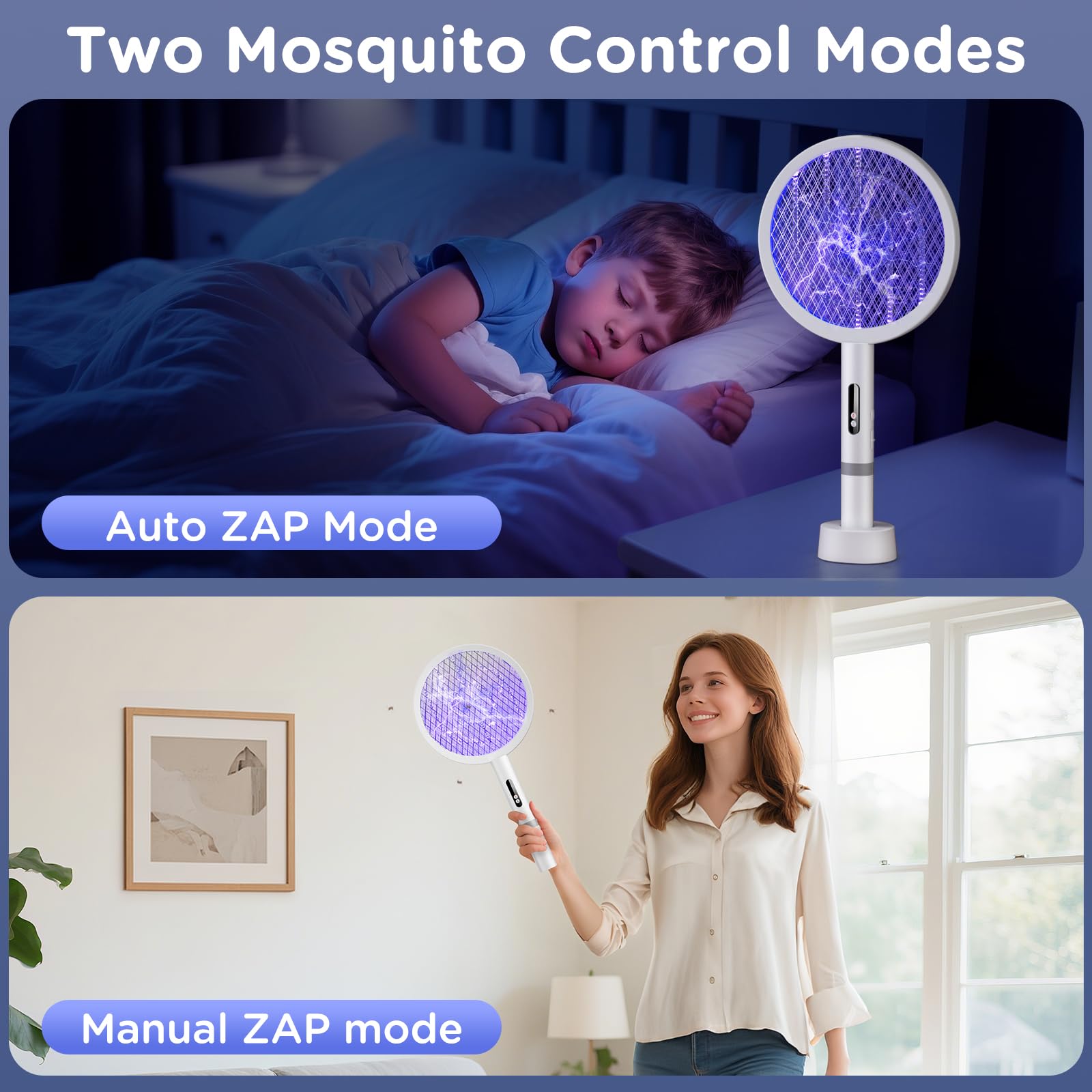 2in1 Racchetta Zanzare Elettrica,4000V Racchetta Mosche Elettrica,1800mAh Racchetta Antizanzare,Base di Ricarica USB,Protezione Maglia a 3 Strati,Racchetta Elettrica per Casa Interni e Esterni