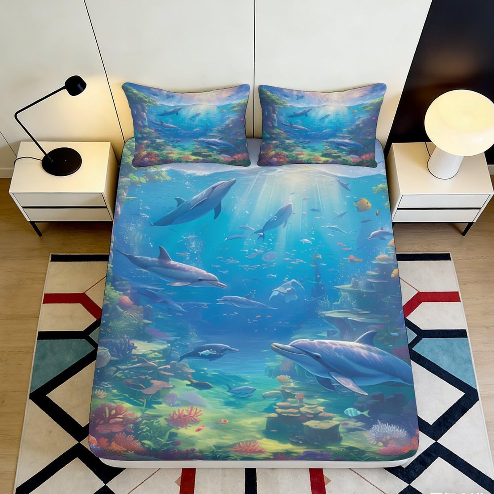 3D Printed Dolphin Ocean Fitted Sheet Microfiber Soft Breathable Underwater Scene Bed Cover for Bedroom Dormitory Guest Room Mattress Protection Decor 90x200x25cm
