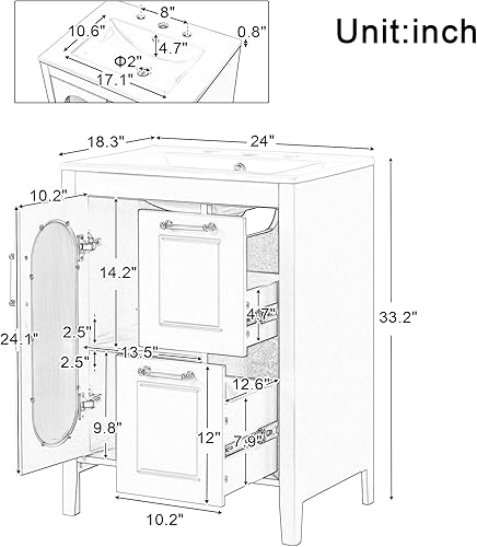 Miniatura 10 de Harper & Bright Designs Vanidad de baño de 24 pulgadas con lavabo, juego de tocador de lavabo individual independiente con dos cajones y puerta de