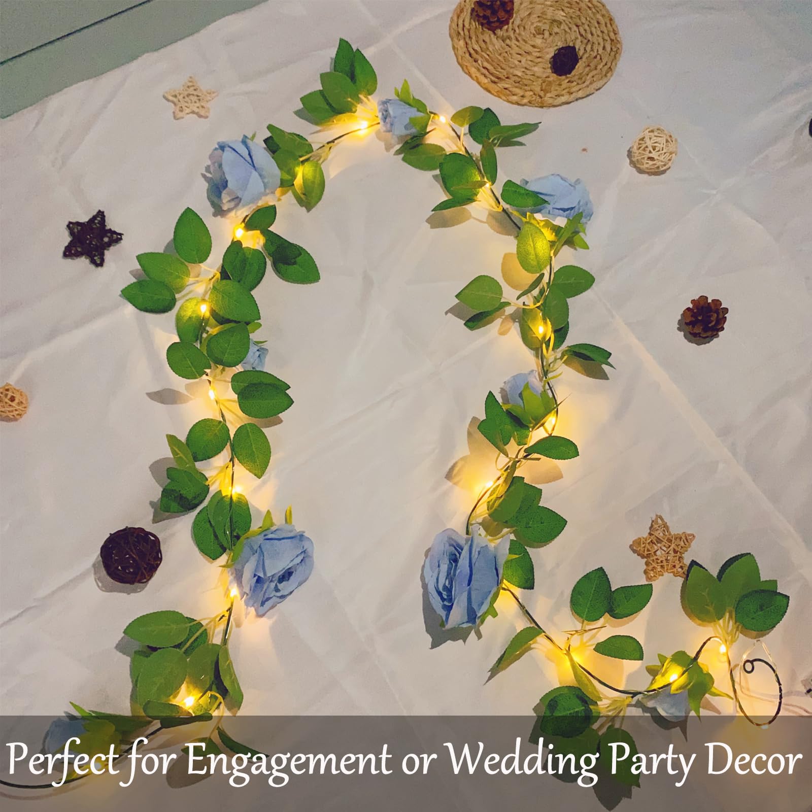 Fielegen 6.56 FT Halloween Artificial  Rose Vine Lights Fake Floral Garland Wall Decoration Faux Plants Rose Vine with 20 LED Fairy Lights Battery Operated String Lights for Garden Wedding Decor: Blue