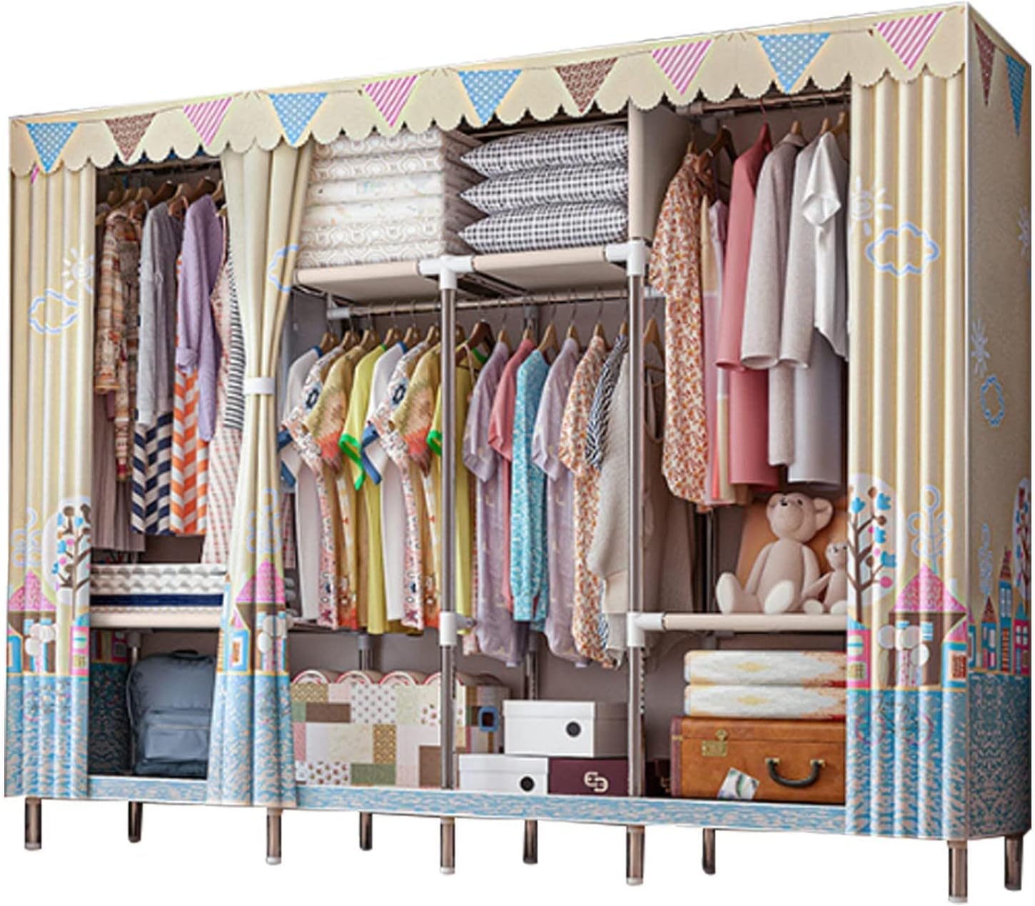 Portable Canvas Wardrobe Rack for Bedroom, Fabric Wardrobe Storage Rack with Hanging Rod, Sturdy,C-245X45X172cm